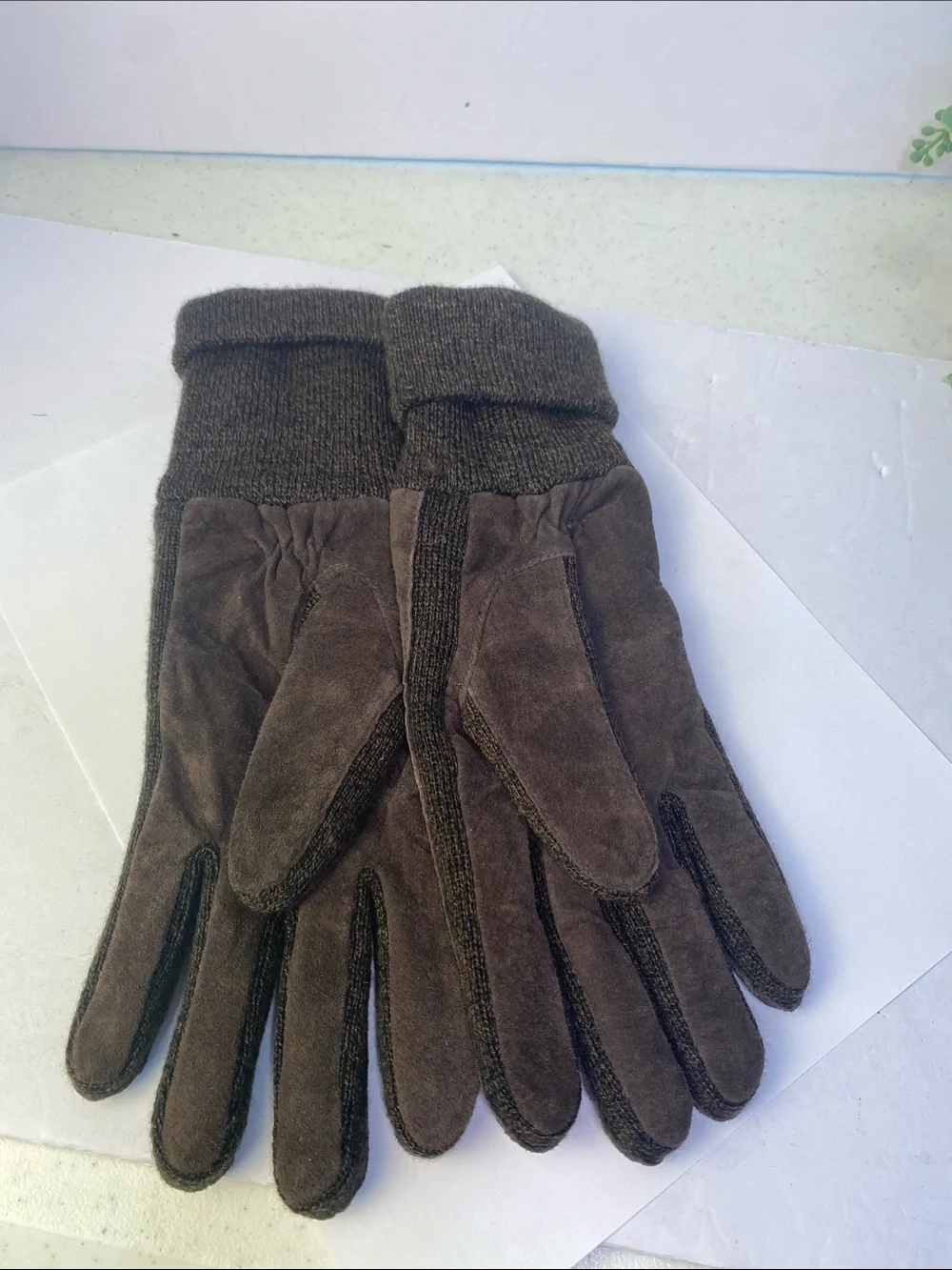 Women’s Leather & Knit Dark Brown Gloves Fleece Lined Size Small-Medium